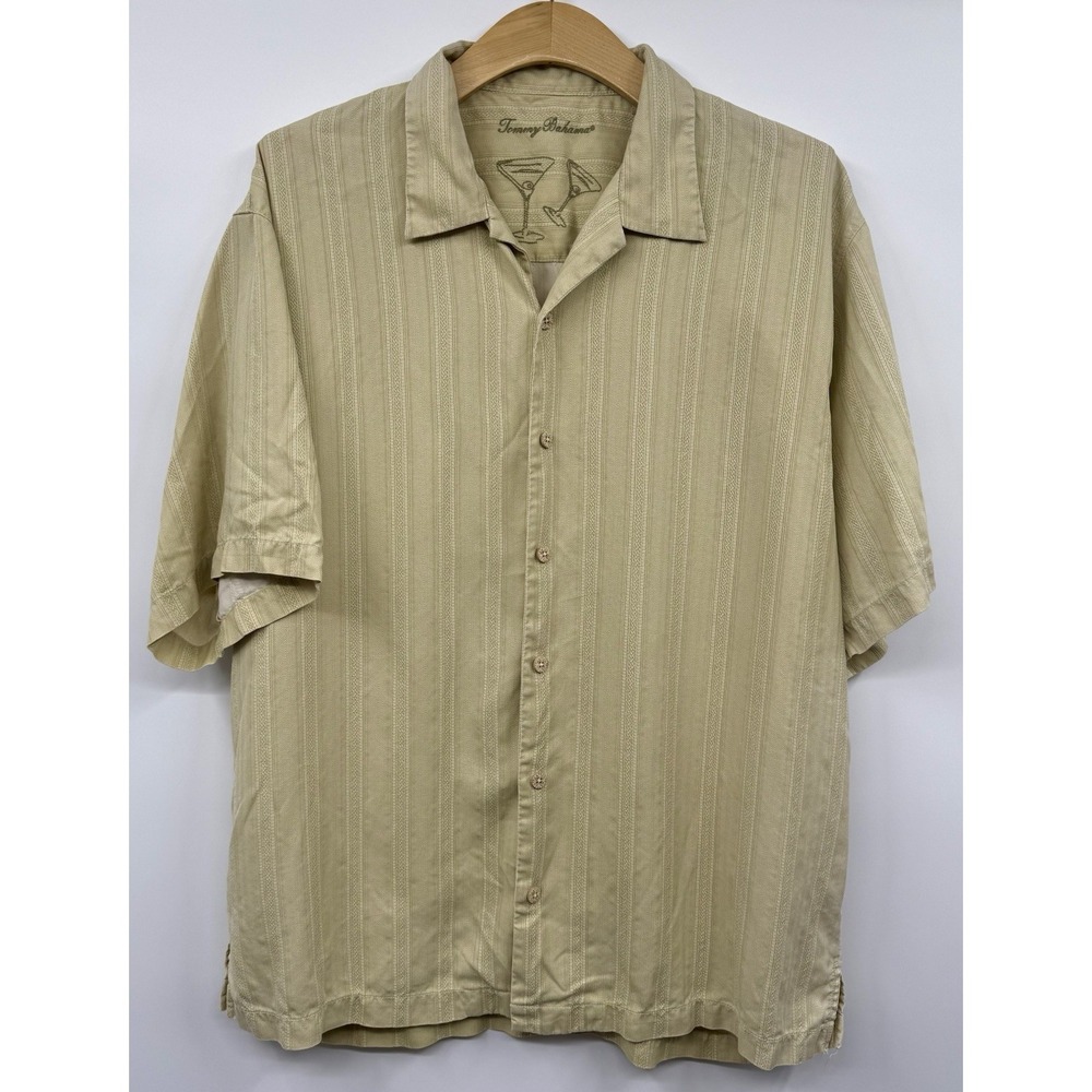 Tommy Bahama Button Up Shirt Mens LG Yellow Chartreuse 100% Silk Short Sleeve